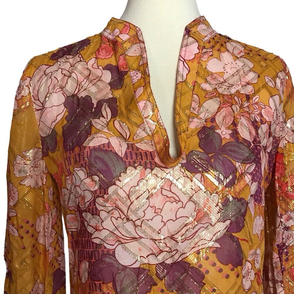 Tory Burch Metallic Silk Gold Orange Yellow Long Flutter Sleeve Tunic Blouse 6 - Picture 3 of 13